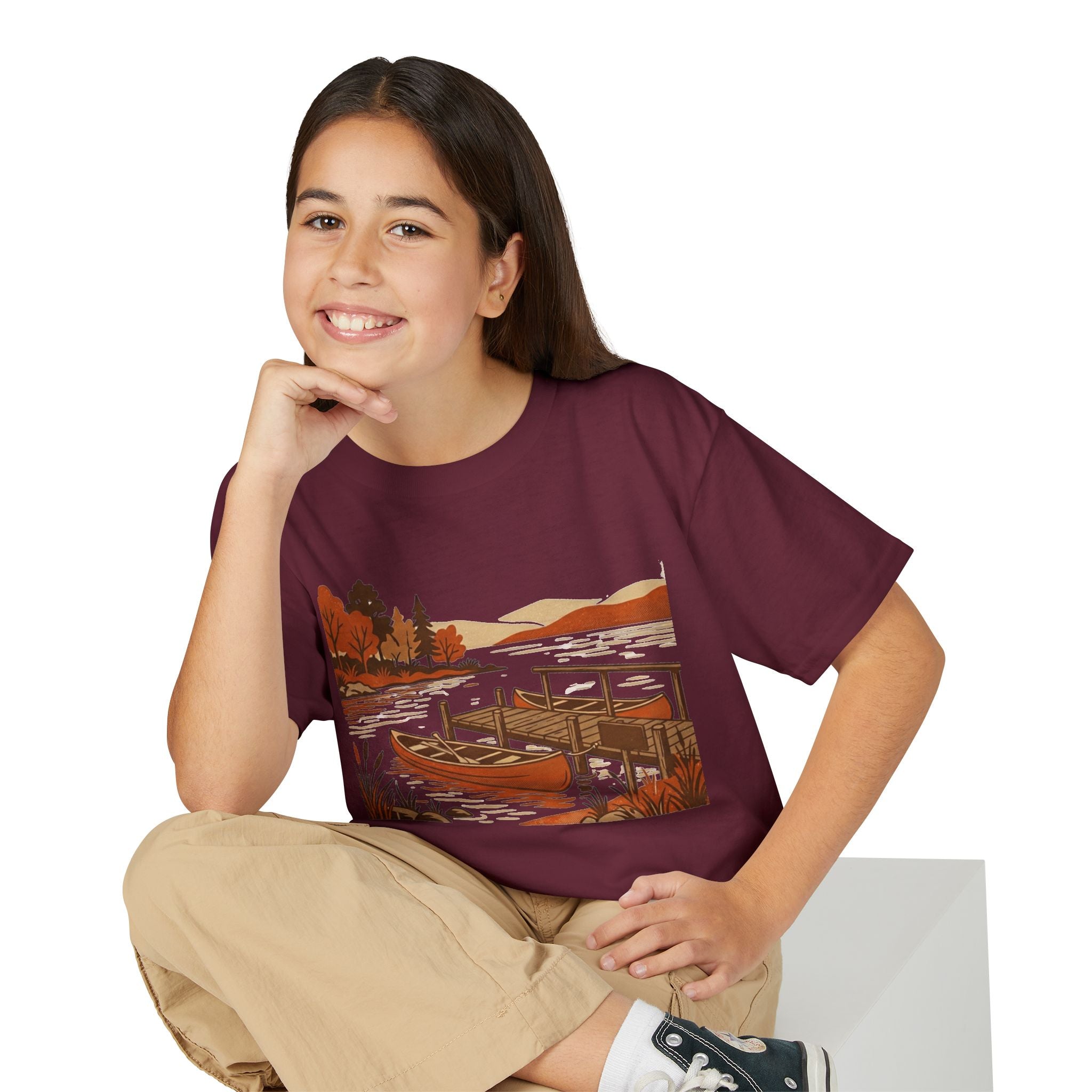 Youth T-Shirt — Autumn Lakeside Dock & Canoe Kids Tee