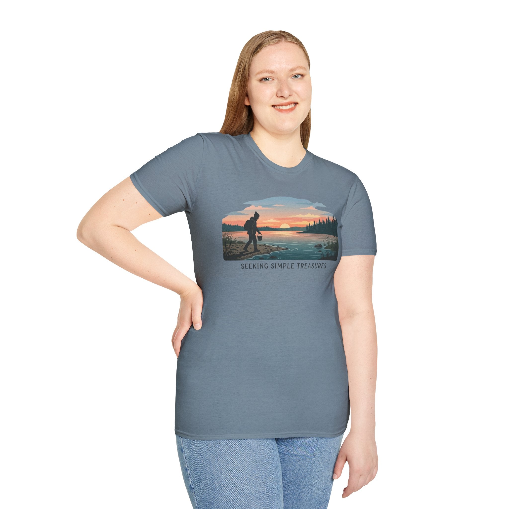 Outdoor T-Shirt — "Seeking Simple Treasures" Sunset Hiker Graphic