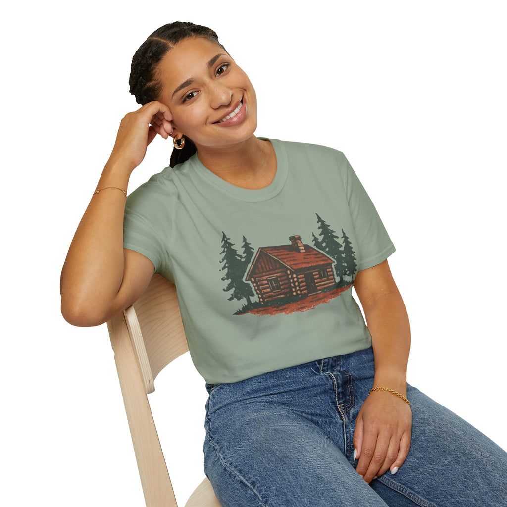 Vintage Cozy Cabin T-Shirt — Faded Pine Tree Cabin Tee
