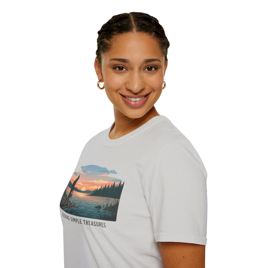 Outdoor T-Shirt — "Seeking Simple Treasures" Sunset Hiker Graphic