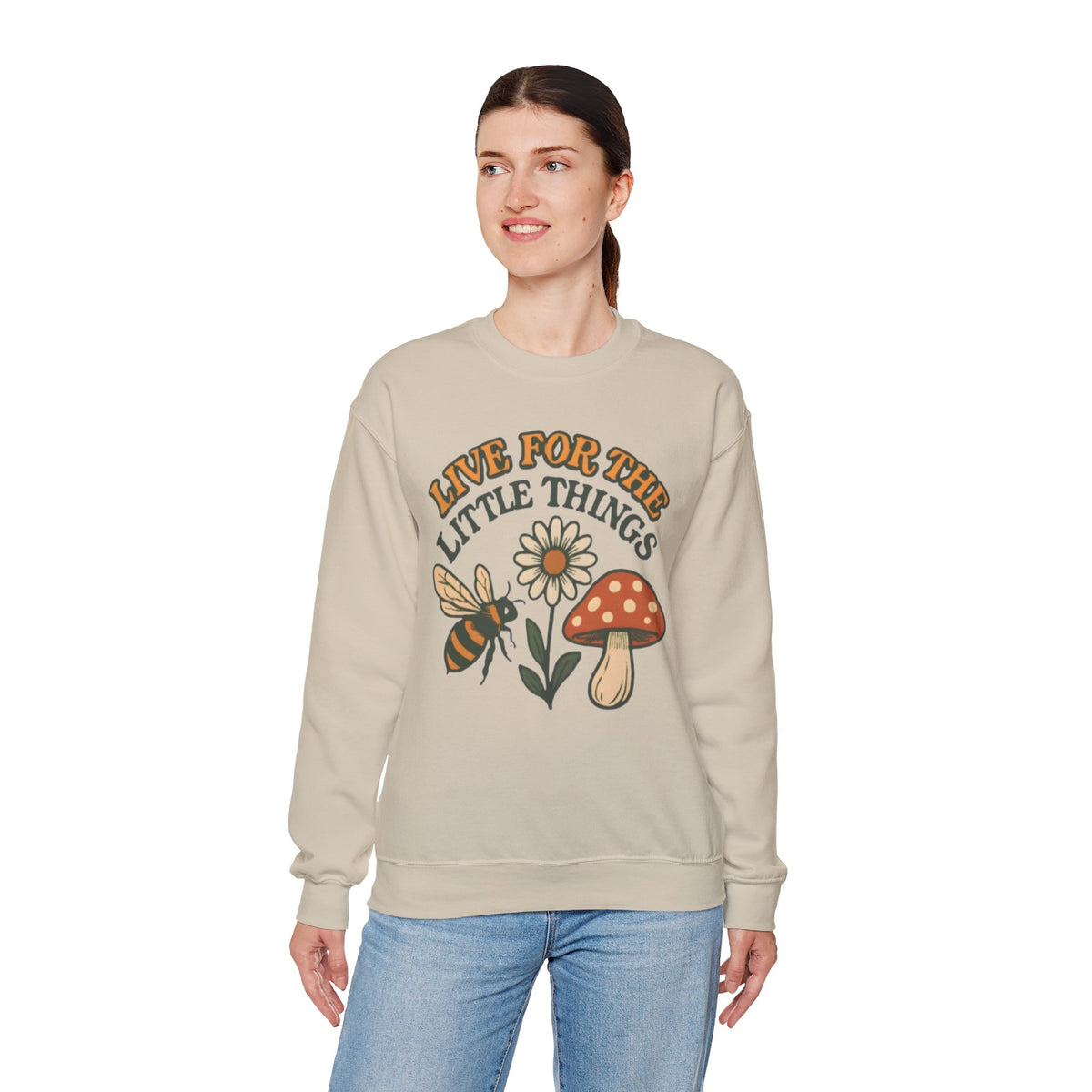 "Live For The Little Things" Bee, Daisy & Mushroom Retro Nature Design Crewneck Sweatshirt