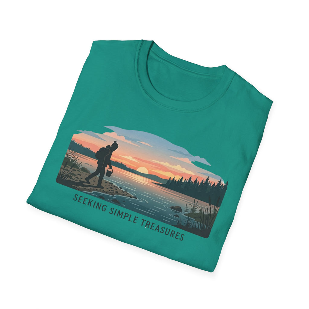 Outdoor T-Shirt — "Seeking Simple Treasures" Sunset Hiker Graphic