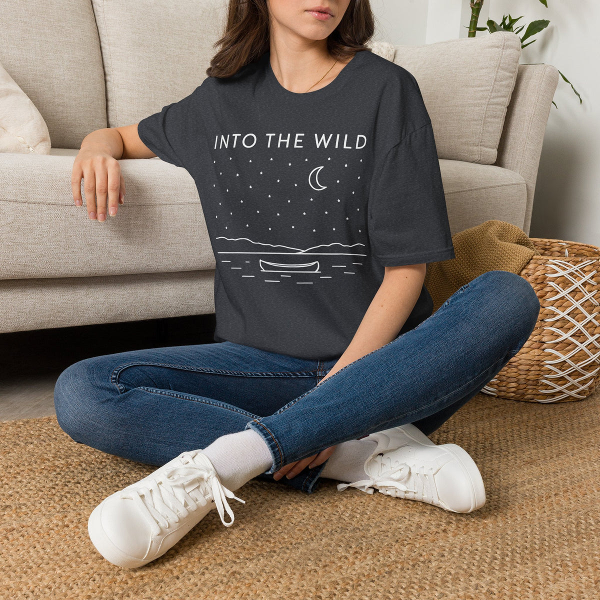 Into The Wild Canoe T-Shirt - Minimal Night Sky Lake Camping Tee