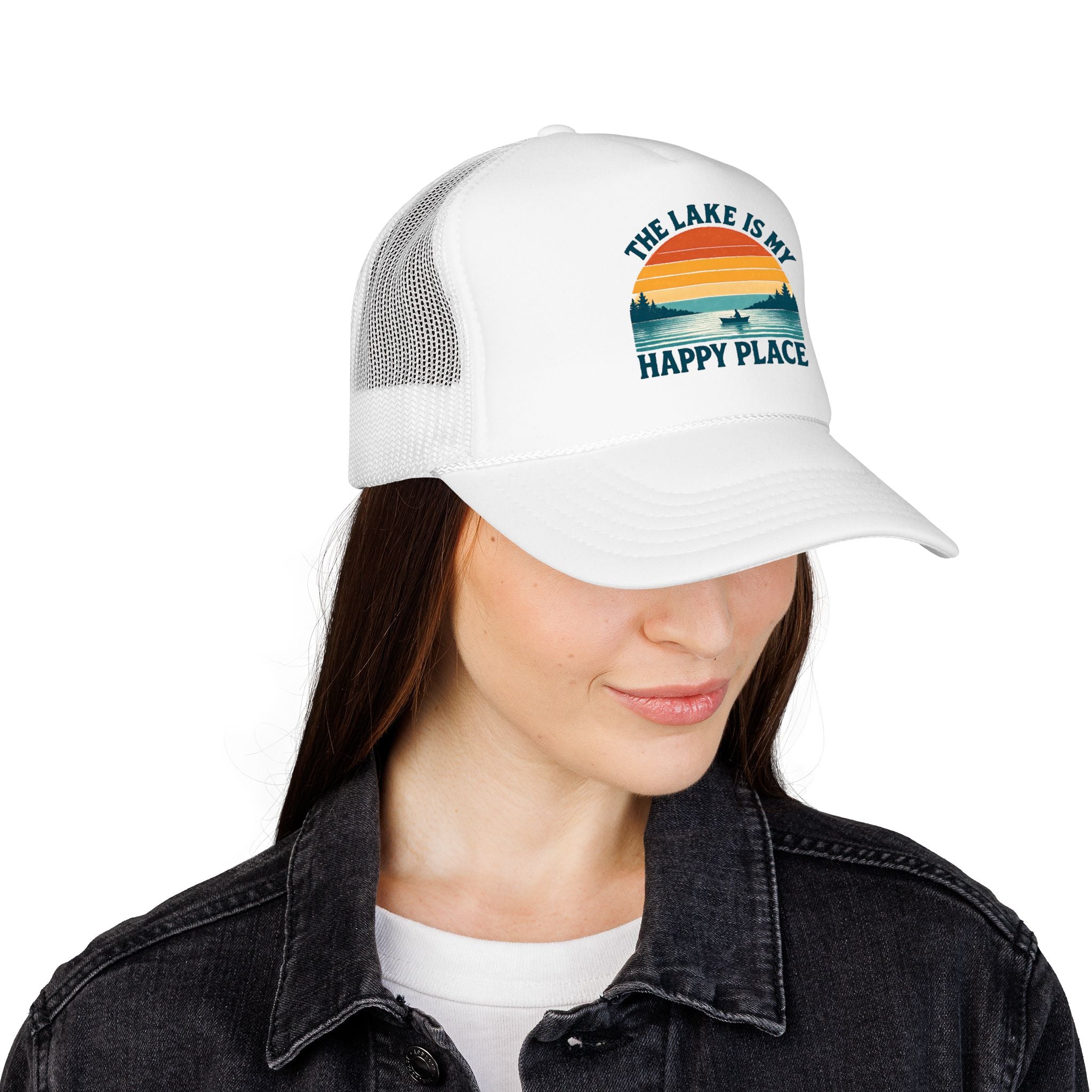 Lake Is My Happy Place Trucker Hat — Vintage Sunset Fishing Foam Cap