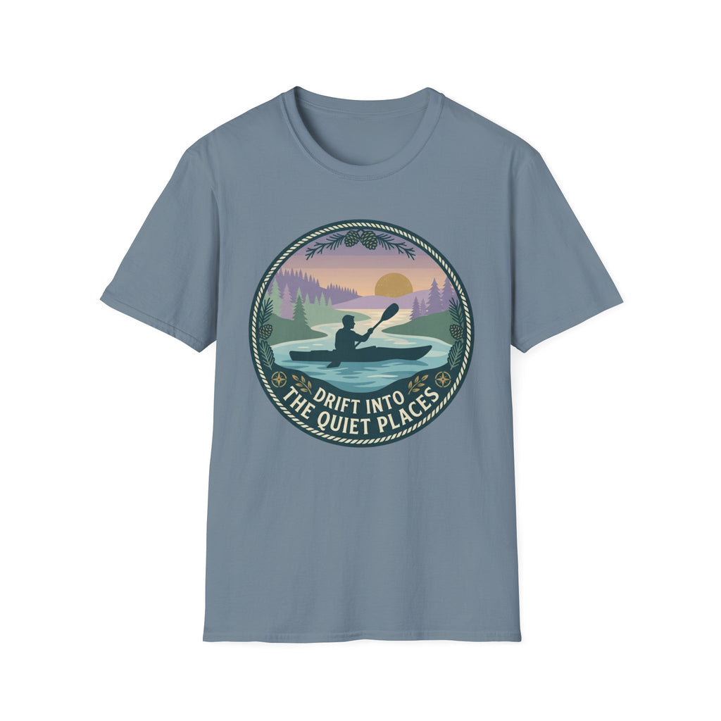 Kayak Sunset T‑Shirt — "Drift Into The Quiet Places" Outdoor Relaxation Tee
