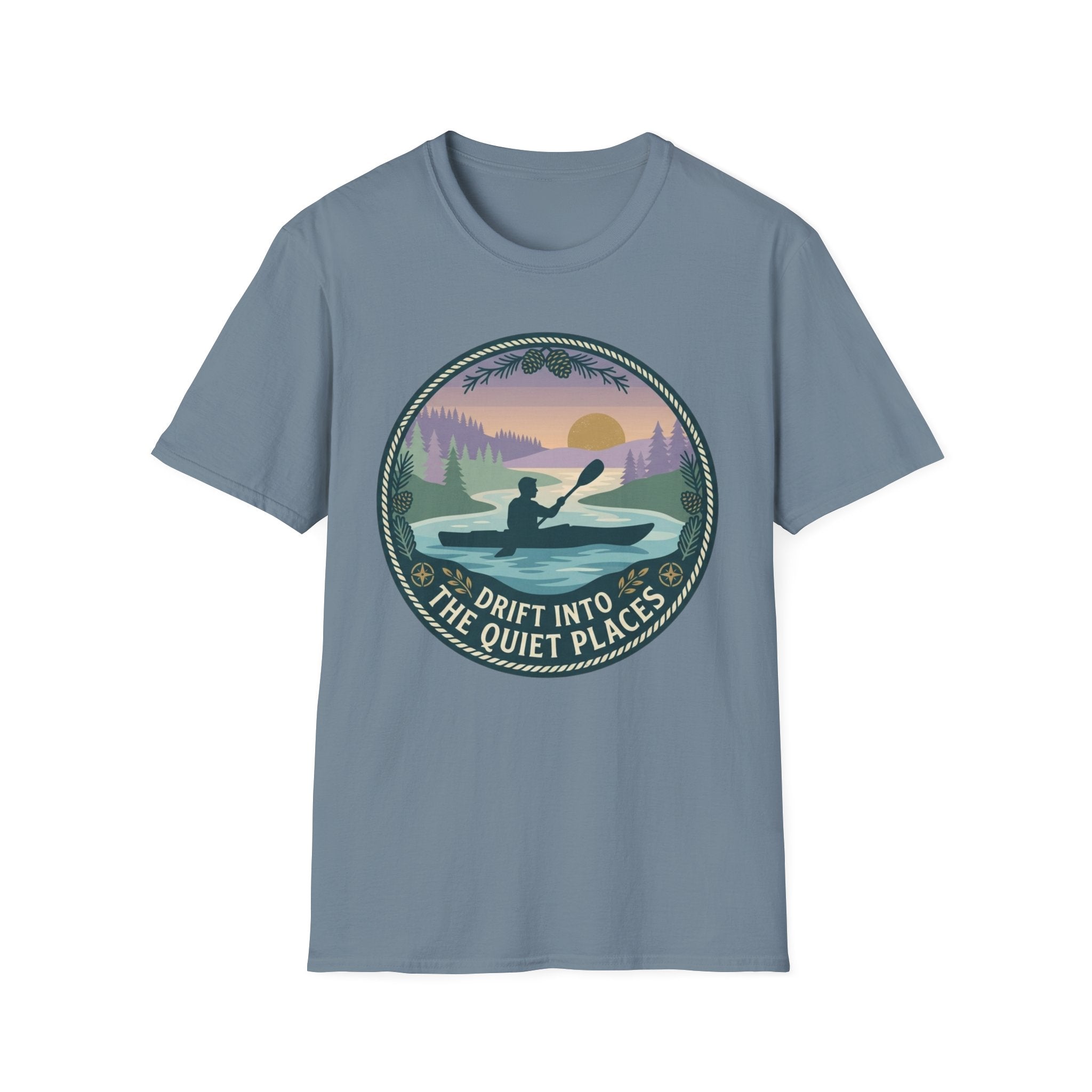 Kayak Sunset T‑Shirt — "Drift Into The Quiet Places" Outdoor Relaxation Tee
