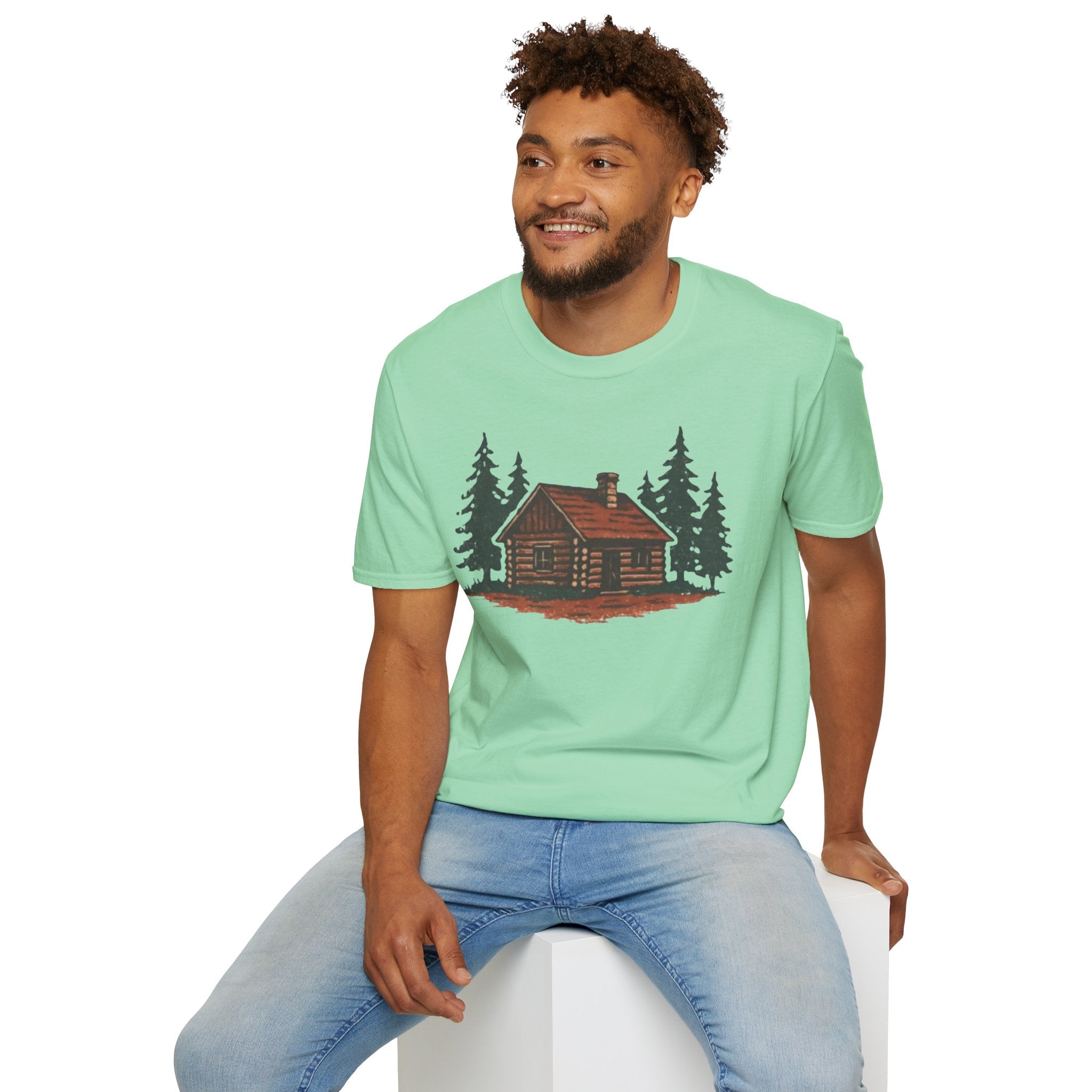 Vintage Cozy Cabin T-Shirt — Faded Pine Tree Cabin Tee
