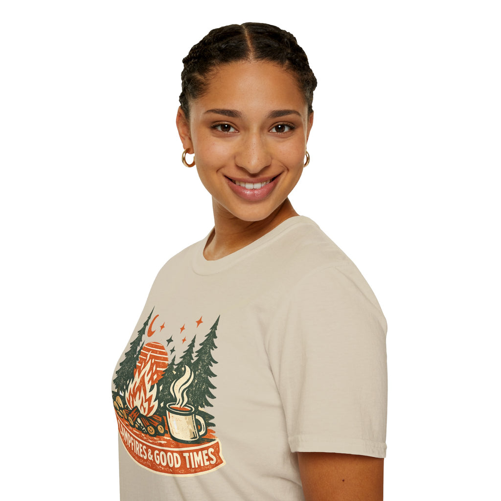 "Campfires & Good Times" T-Shirt — Retro Camping Tee with Bonfire, Trees & Coffee Mug