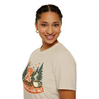 "Campfires & Good Times" T-Shirt — Retro Camping Tee with Bonfire, Trees & Coffee Mug