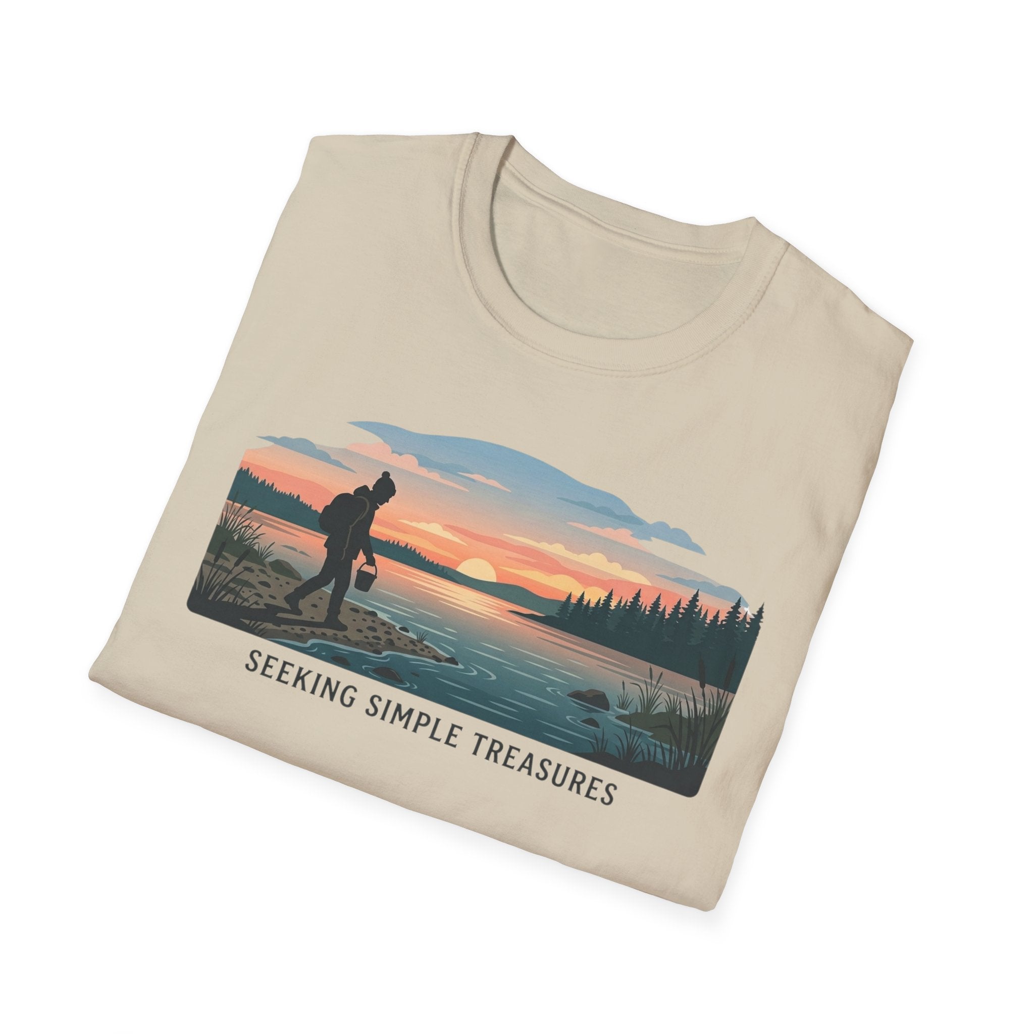 Outdoor T-Shirt — "Seeking Simple Treasures" Sunset Hiker Graphic