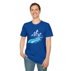 Mountain River T-Shirt — Geometric Blue Peaks & Flowing River