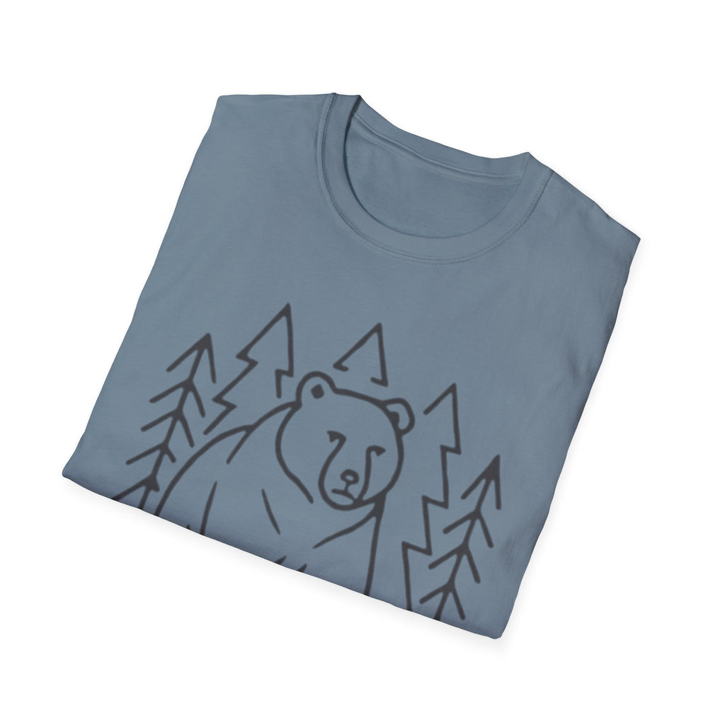 Bear & Pines T-Shirt — Minimal Line Drawing Woodland Tee