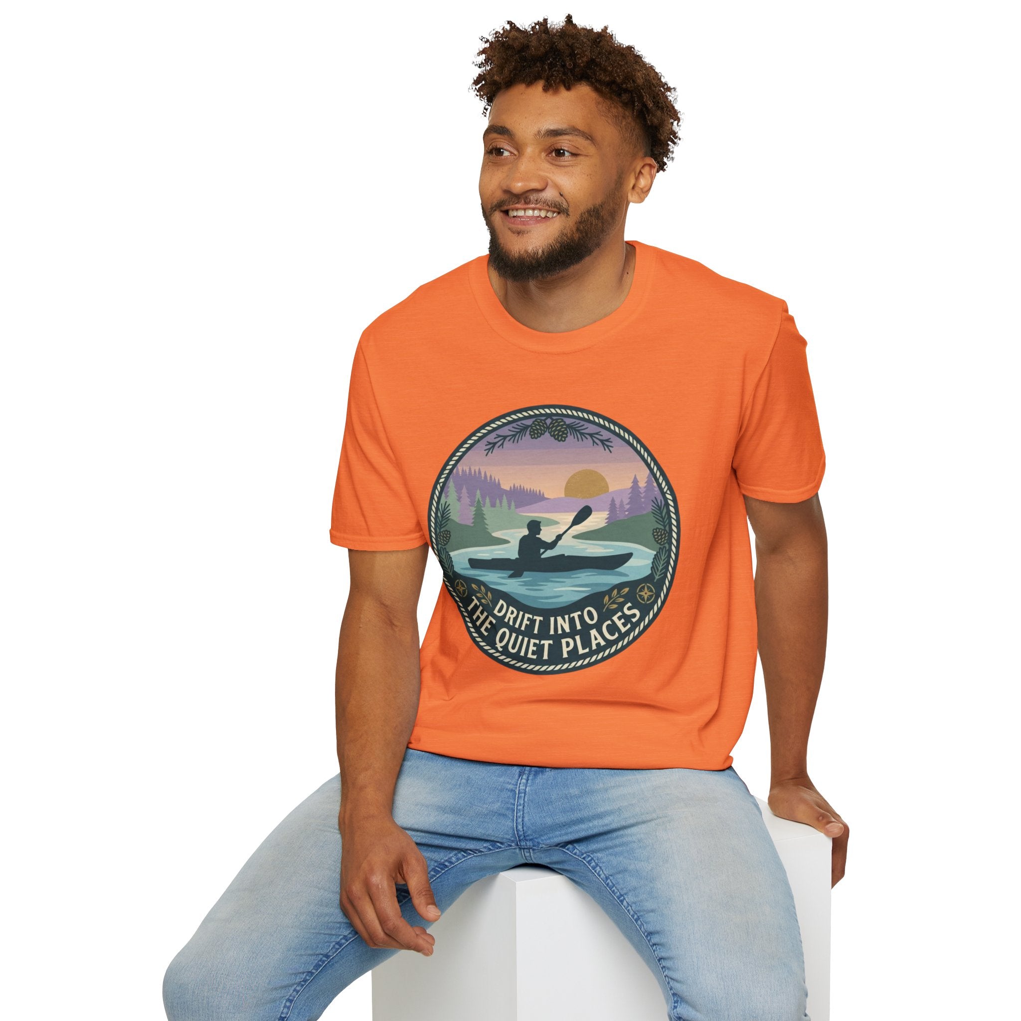 Kayak Sunset T‑Shirt — "Drift Into The Quiet Places" Outdoor Relaxation Tee
