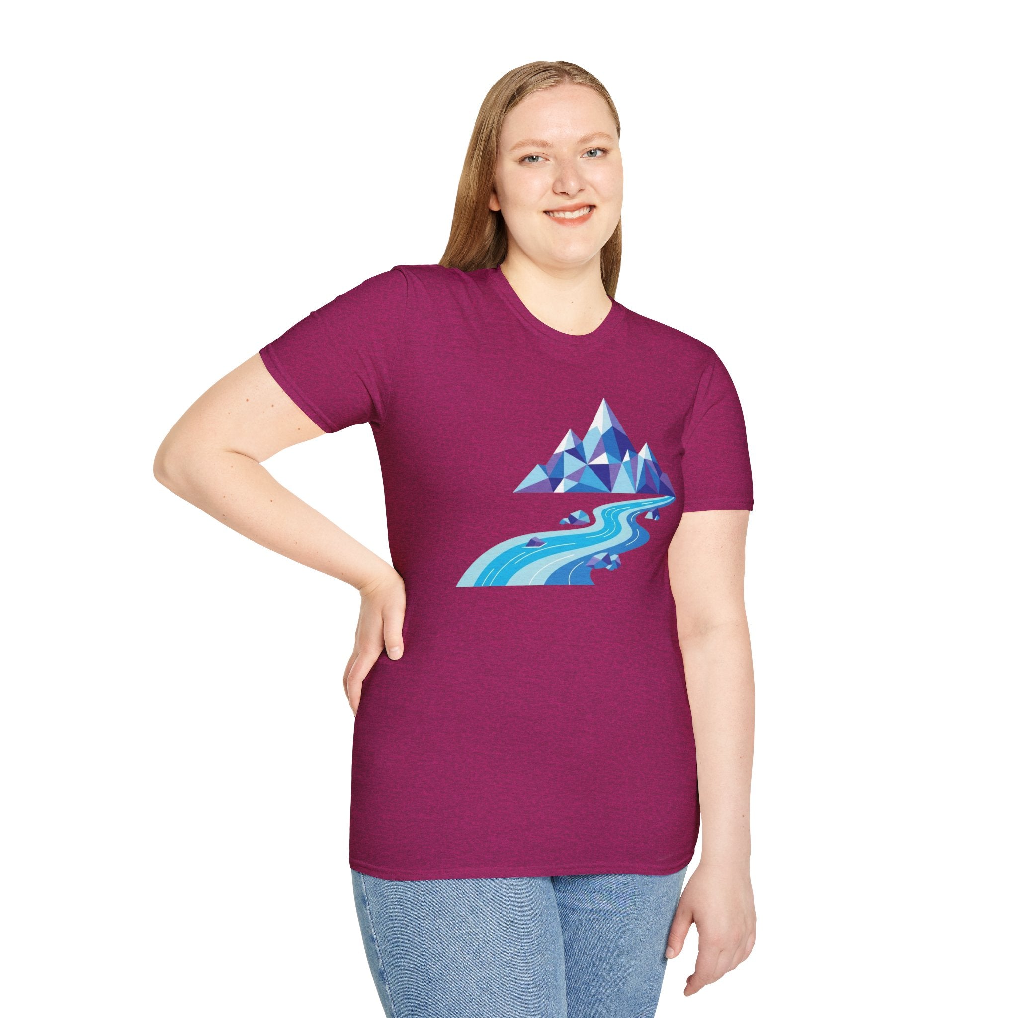 Mountain River T-Shirt — Geometric Blue Peaks & Flowing River