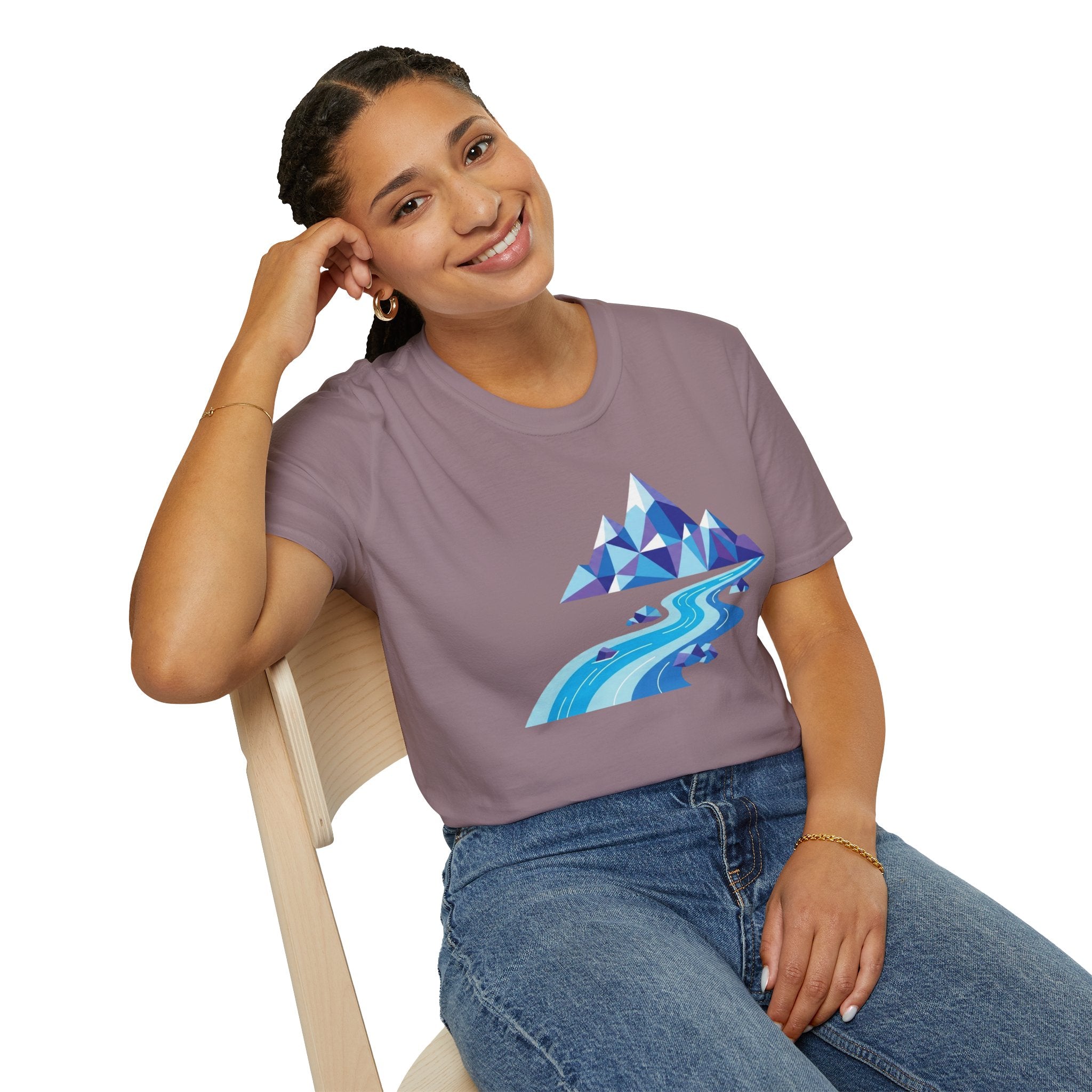 Mountain River T-Shirt — Geometric Blue Peaks & Flowing River