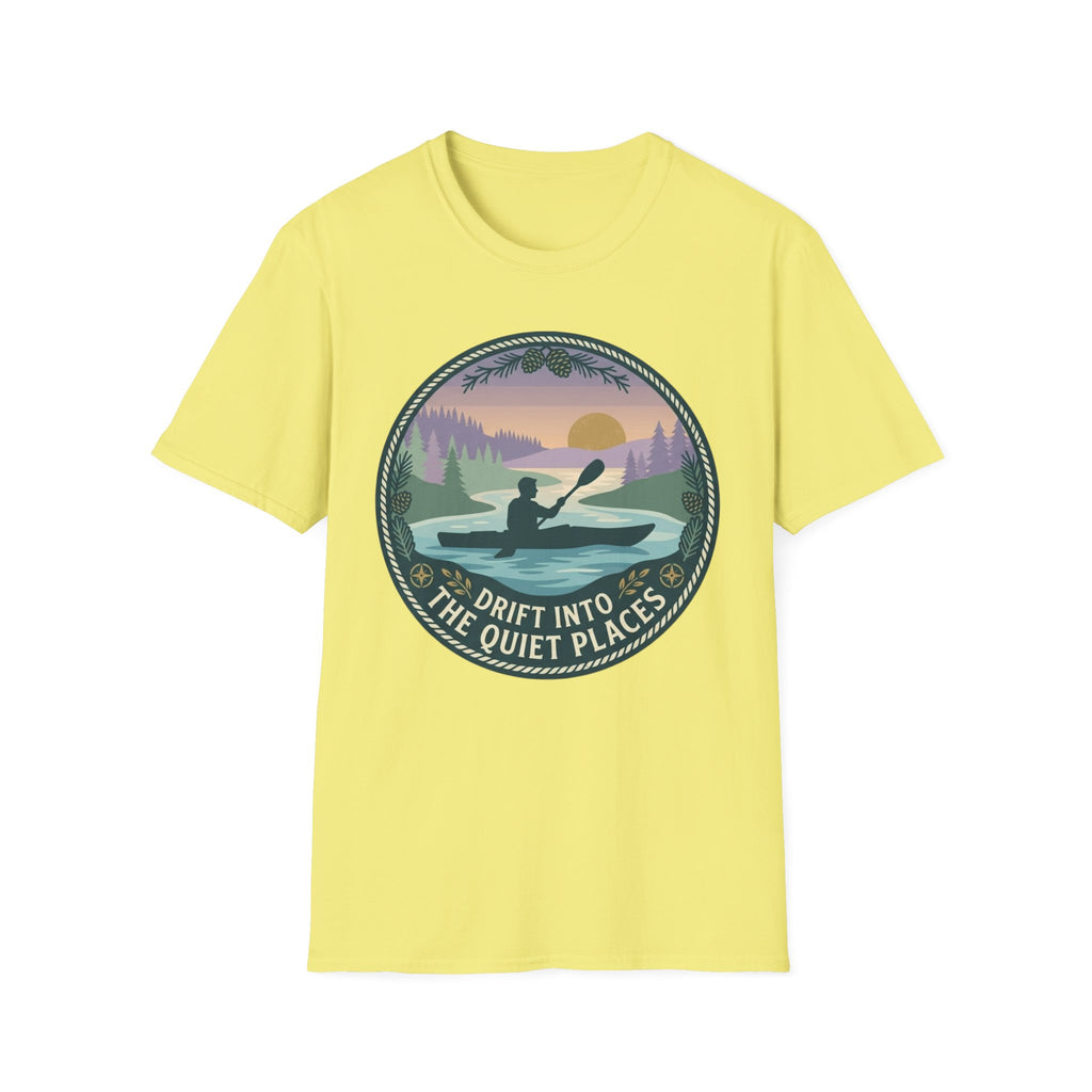 "Drift Into The Quiet Places" Kayak Sunset T‑Shirt — Outdoor Relaxation Tee Shirt