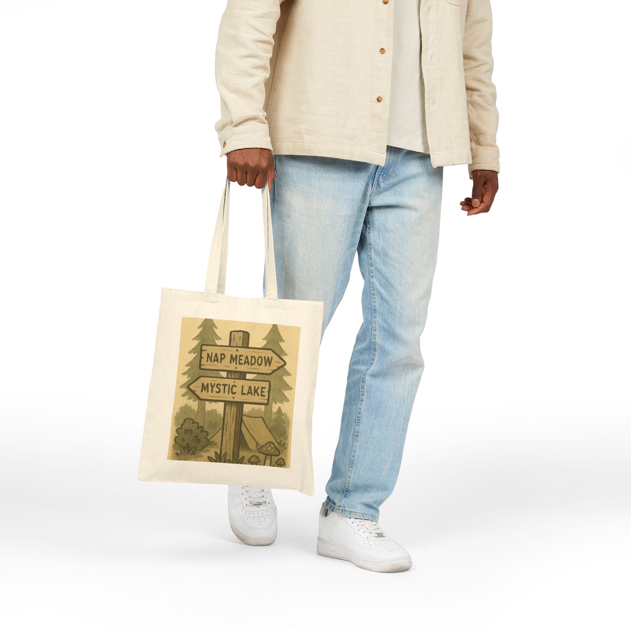 Tote Bag — Rustic ‘Nap Meadow / Mystic Lake’ Camping Sign Canvas Tote