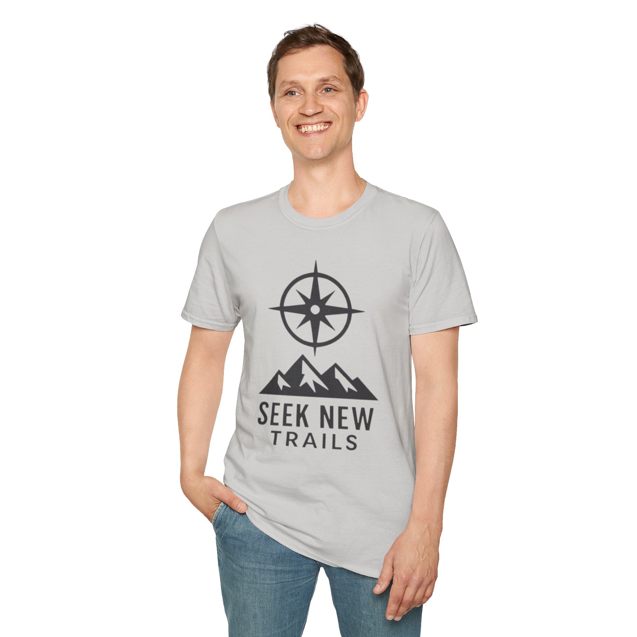 "Seek New Trails" Compass Over Mountains T-Shirt