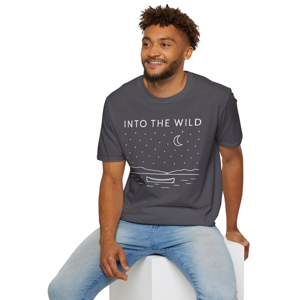 Into The Wild Canoe T-Shirt - Minimal Night Sky Lake Camping Tee