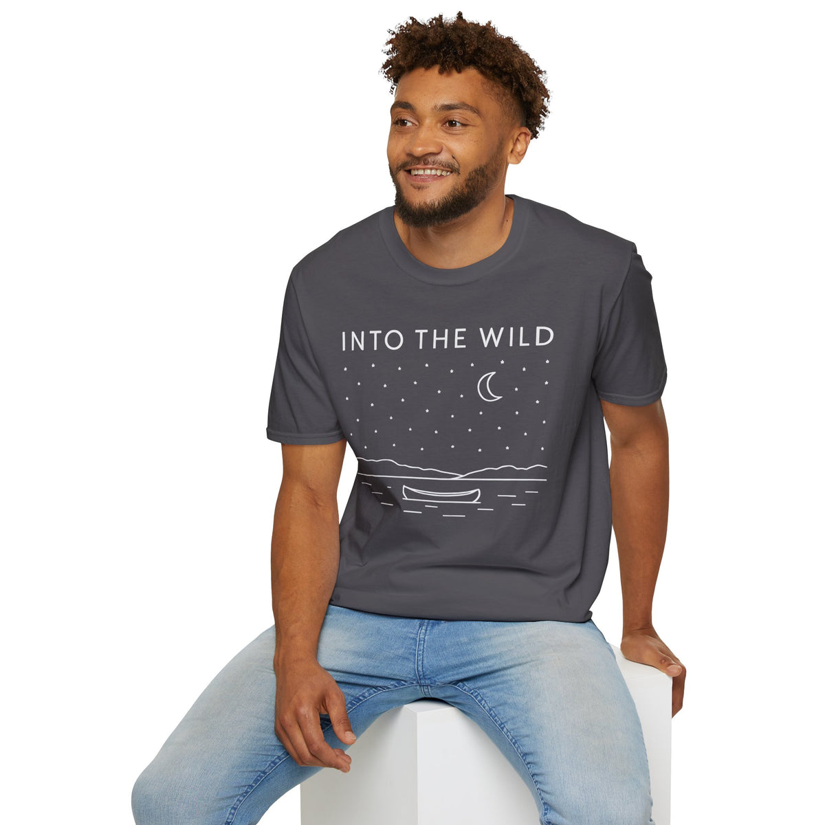 Into The Wild Canoe T-Shirt - Minimal Night Sky Lake Camping Tee