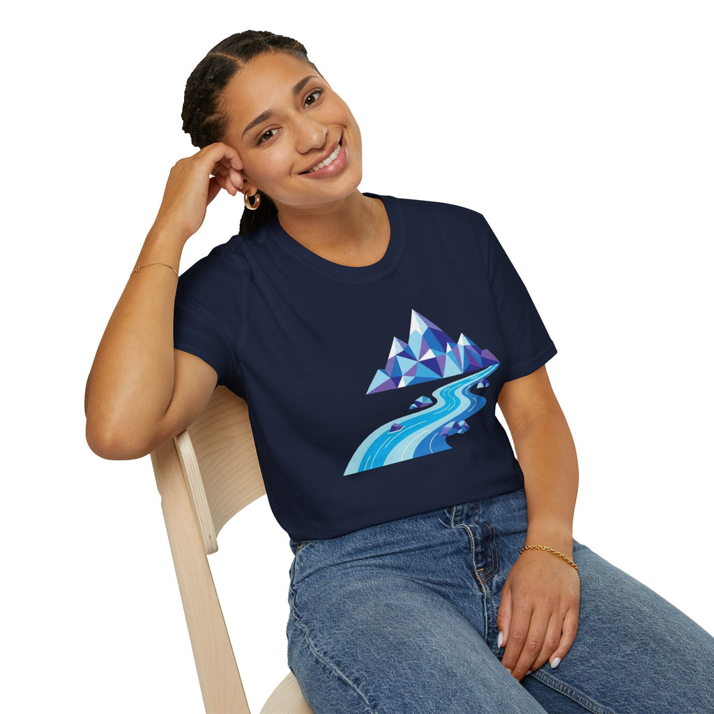 Mountain River T-Shirt — Geometric Blue Peaks & Flowing River
