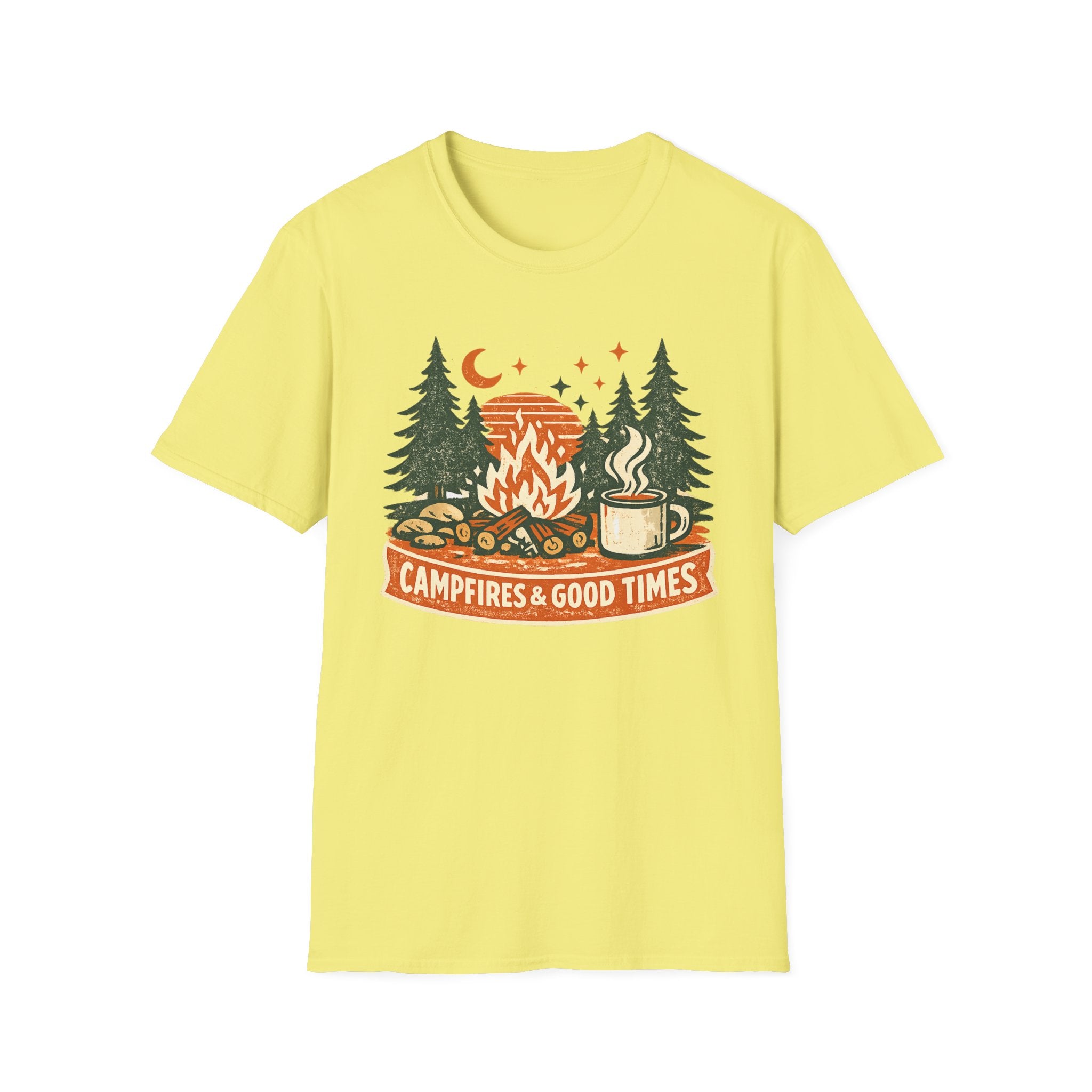 "Campfires & Good Times" T-Shirt — Retro Camping Tee with Bonfire, Trees & Coffee Mug