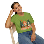 "Campfires & Good Times" T-Shirt — Retro Camping Tee with Bonfire, Trees & Coffee Mug
