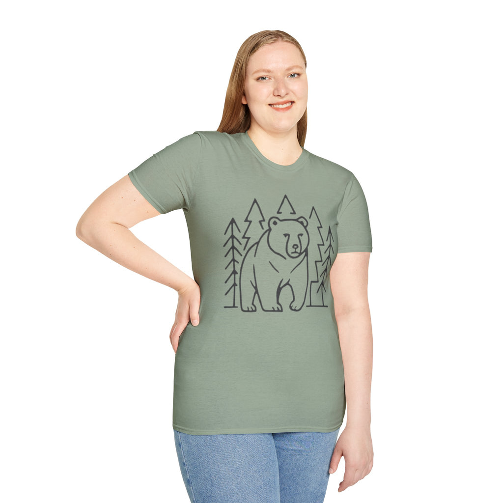 Bear & Pines T-Shirt — Minimal Line Drawing Woodland Tee