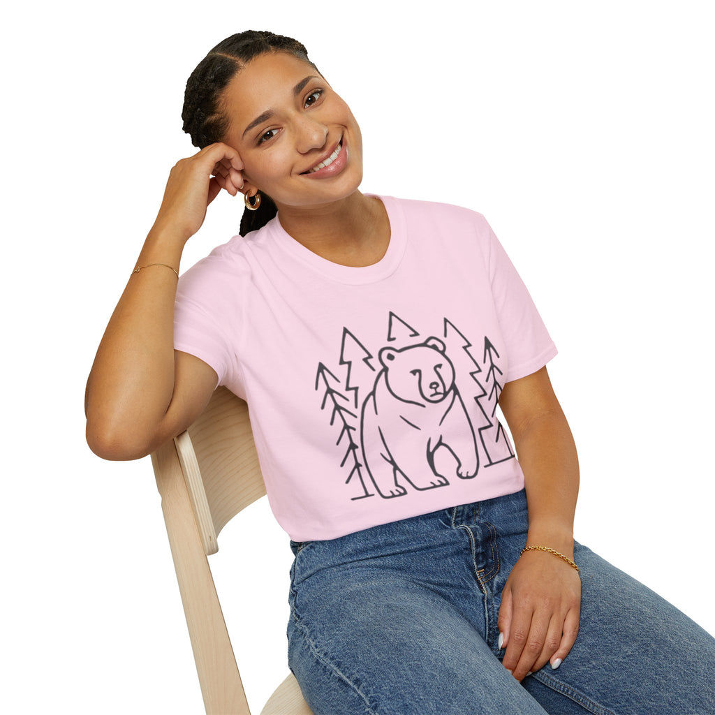 Bear & Pines T-Shirt — Minimal Line Drawing Woodland Tee