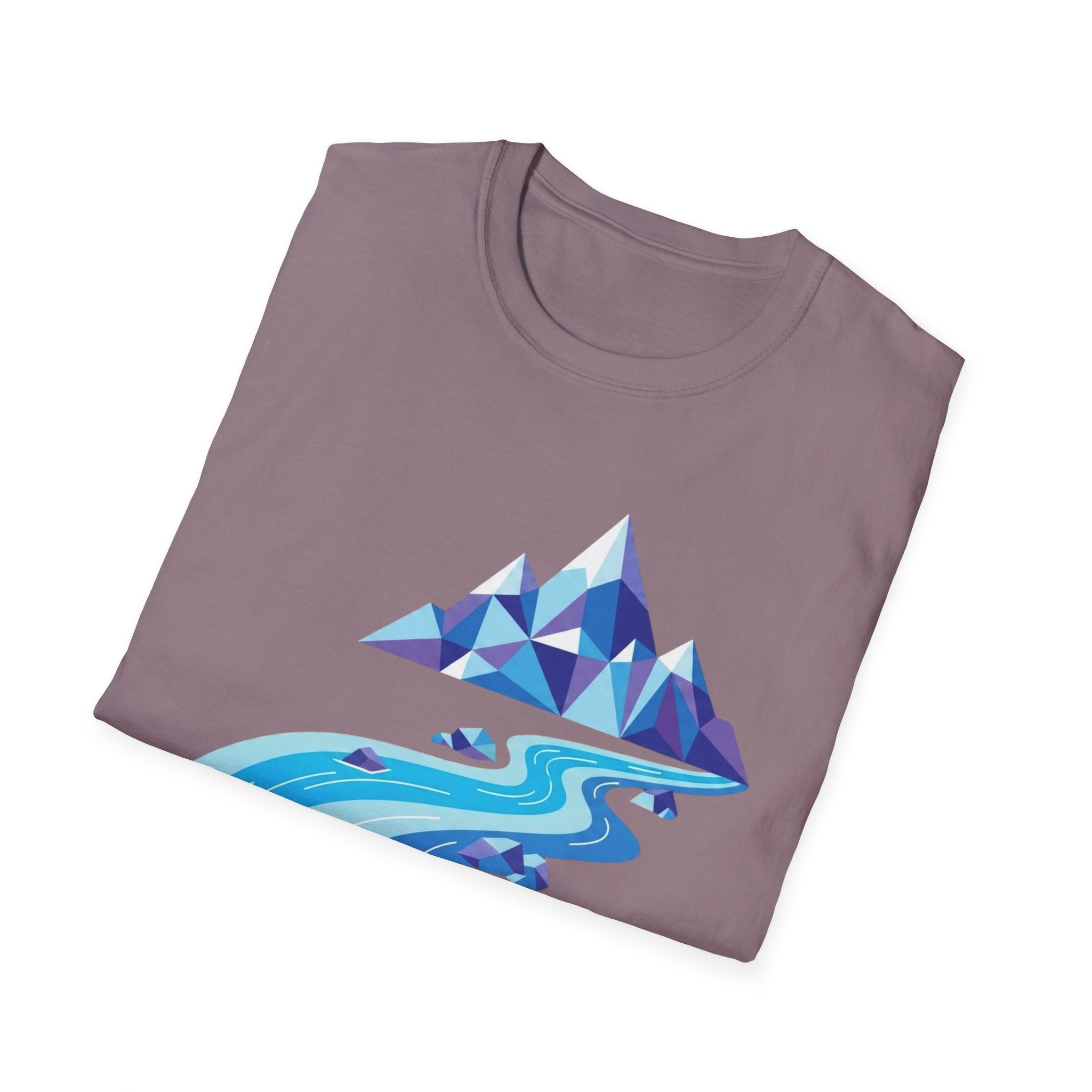 Mountain River T-Shirt — Geometric Blue Peaks & Flowing River
