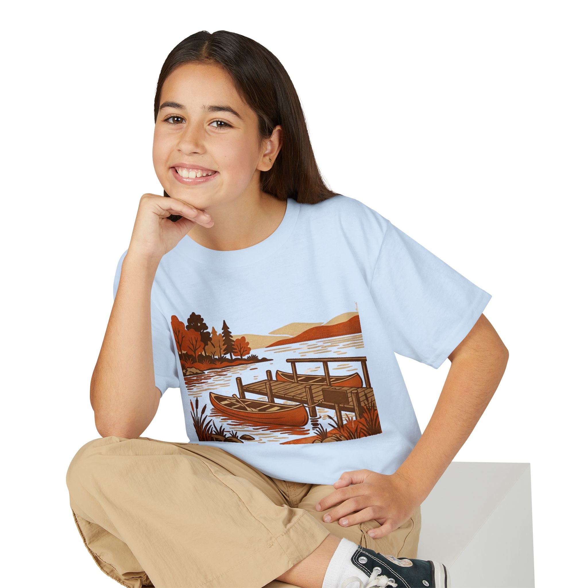 Youth T-Shirt — Autumn Lakeside Dock & Canoe Kids Tee