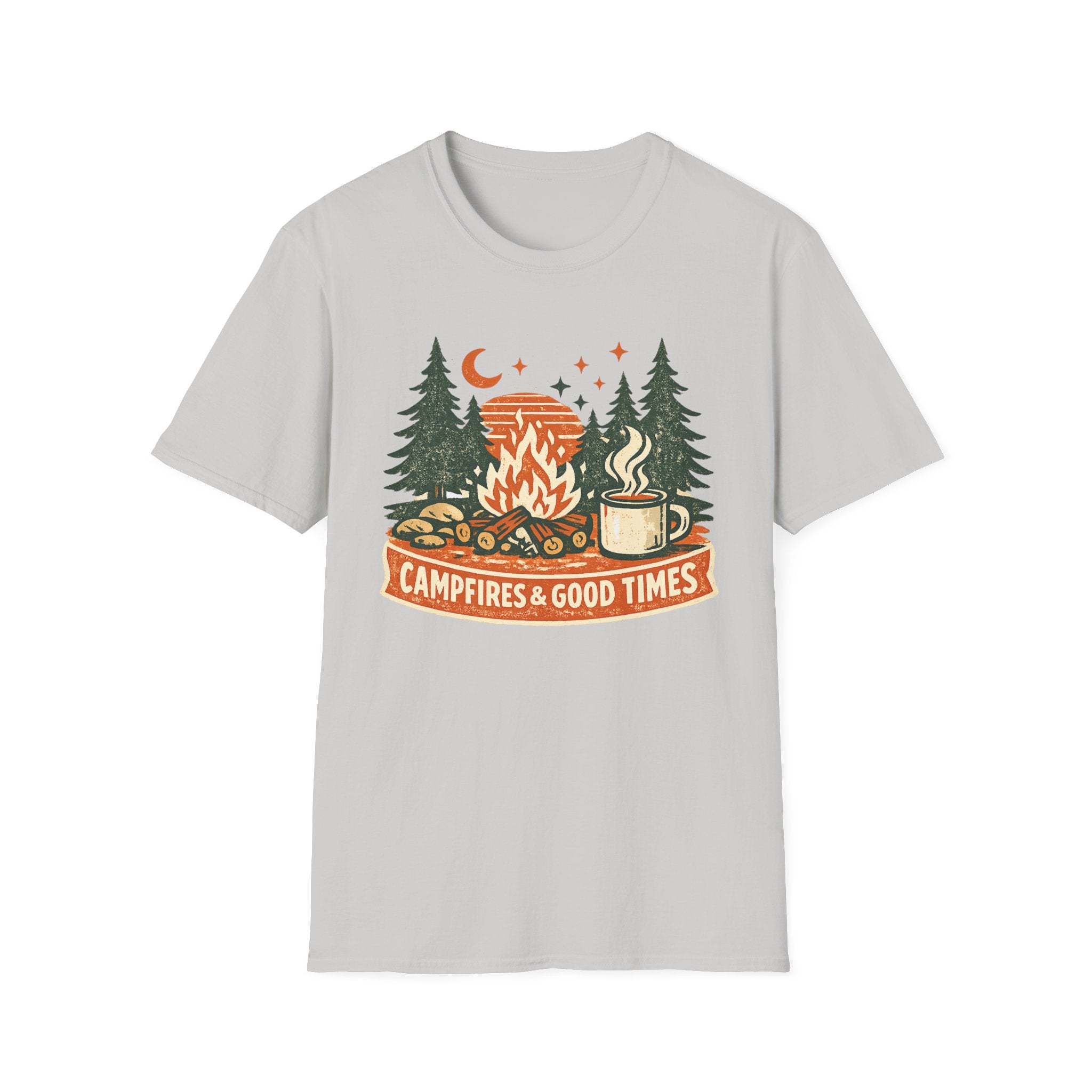 "Campfires & Good Times" T-Shirt — Retro Camping Tee with Bonfire, Trees & Coffee Mug