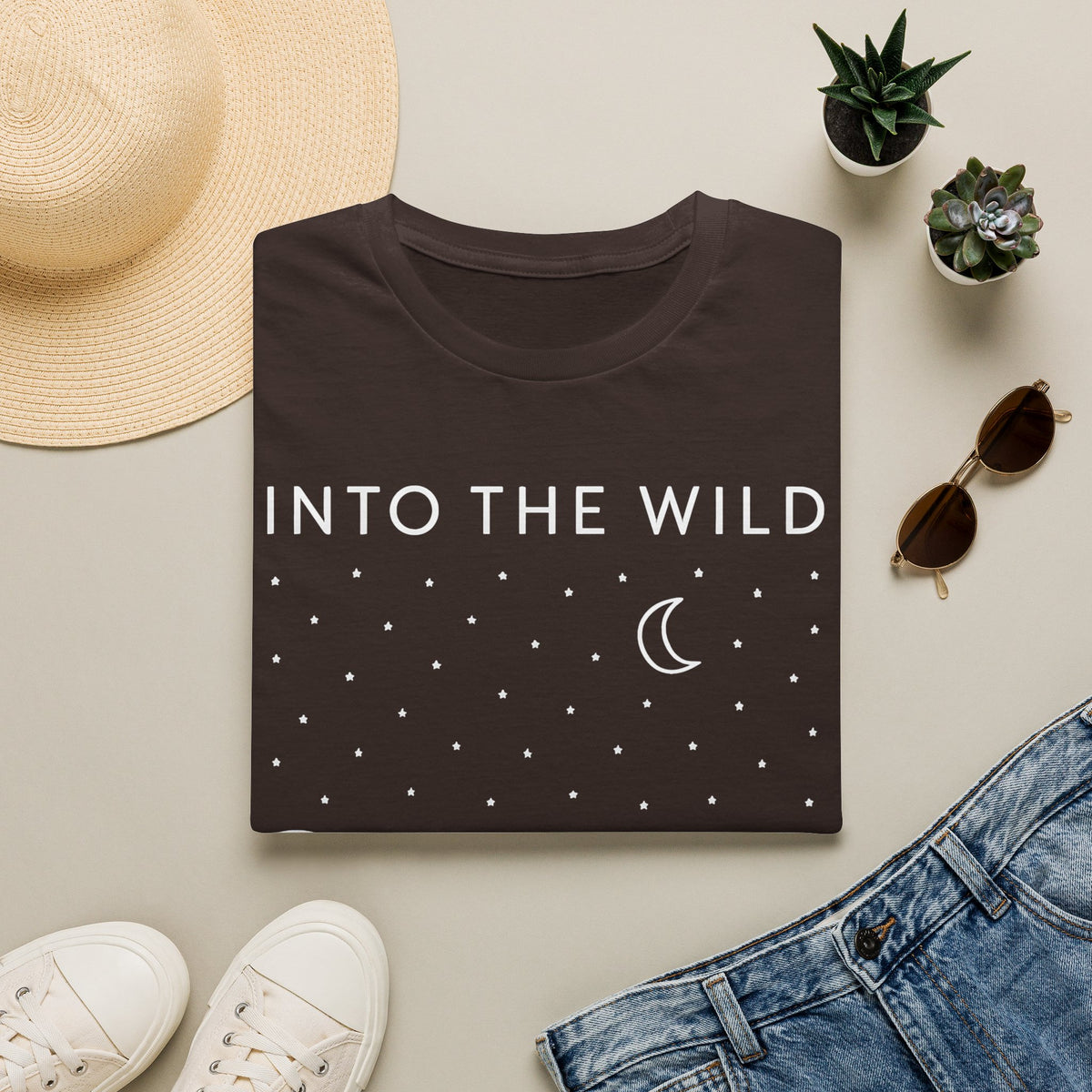 Into The Wild Canoe T-Shirt - Minimal Night Sky Lake Camping Tee