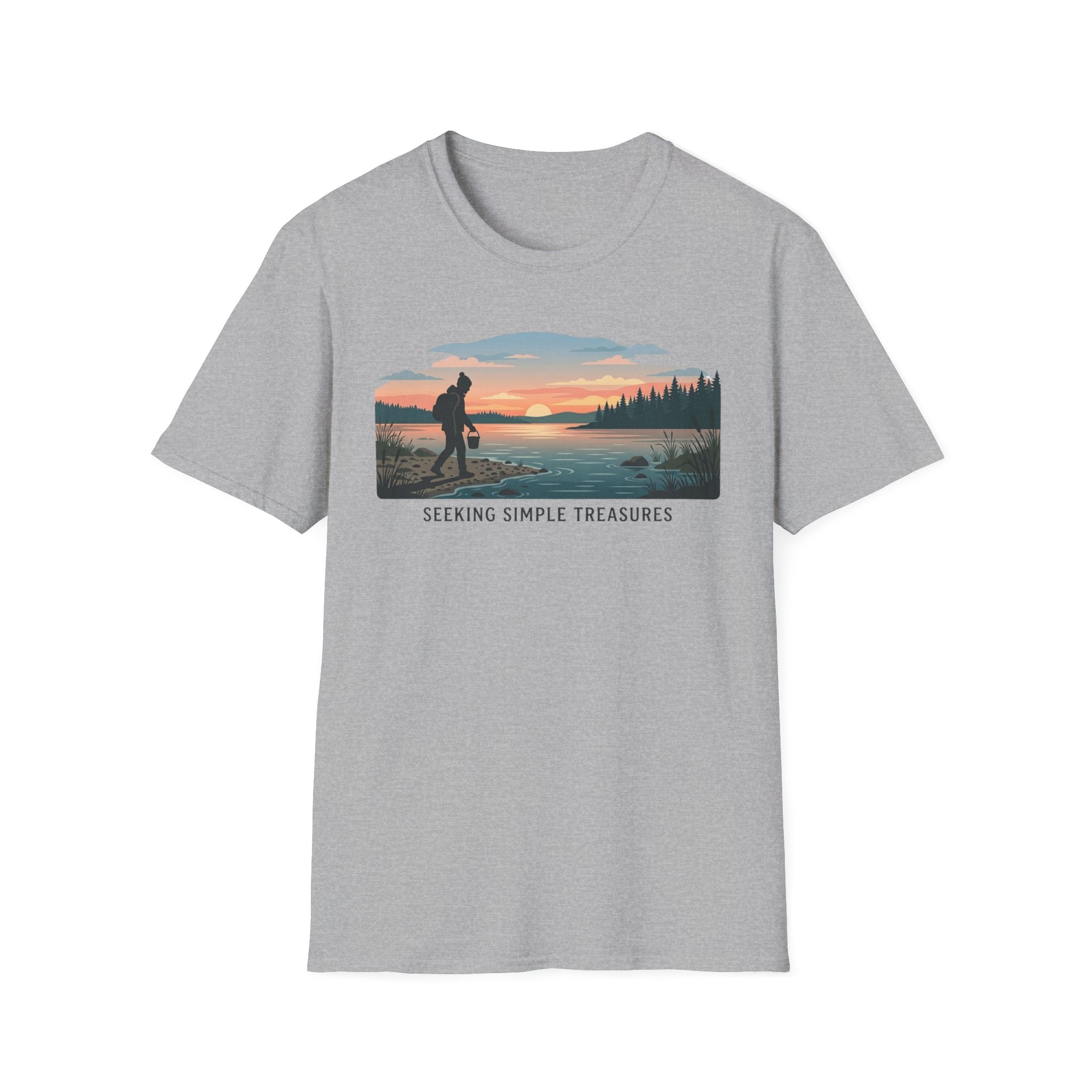 Outdoor T-Shirt — "Seeking Simple Treasures" Sunset Hiker Graphic