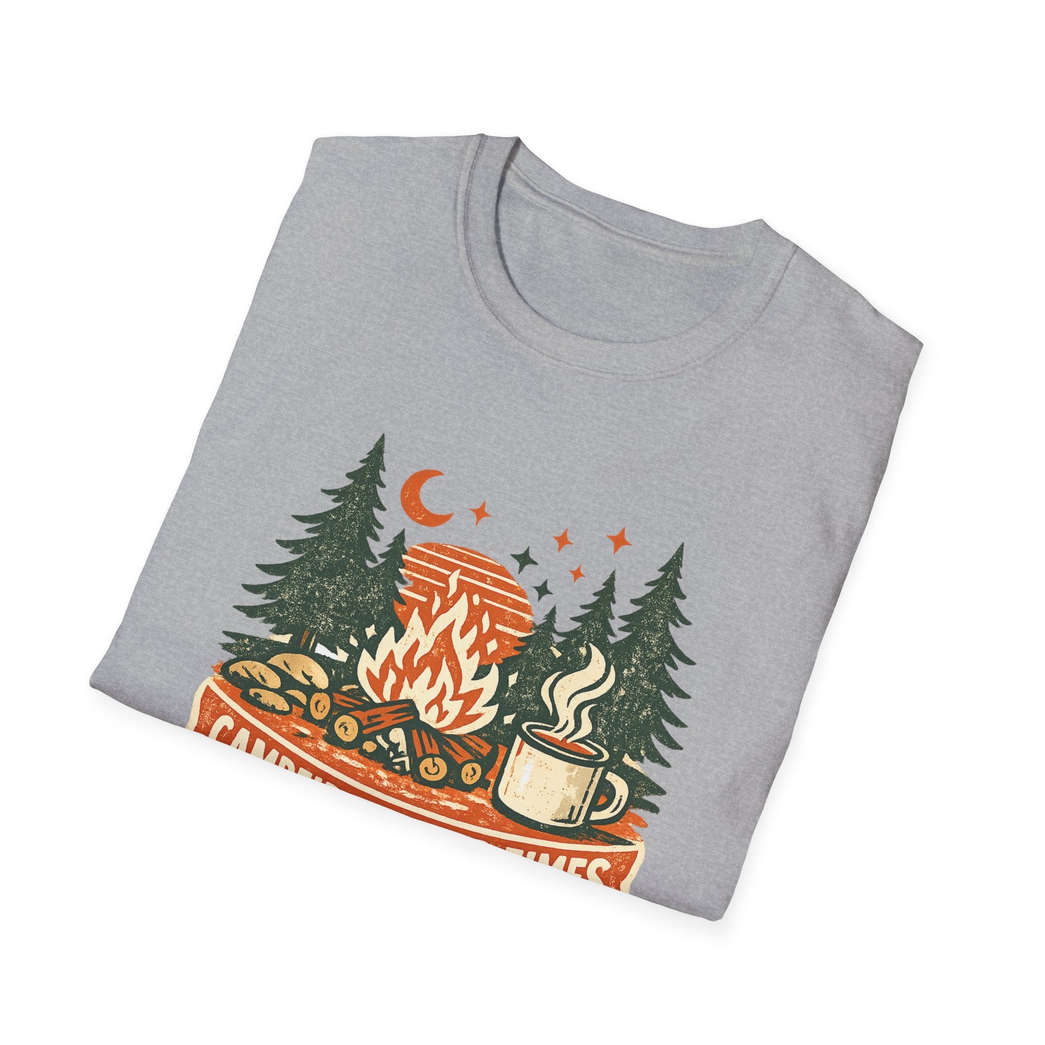 Campfires & Good Times T-Shirt — Retro Camping Tee with Bonfire, Trees & Coffee Mug