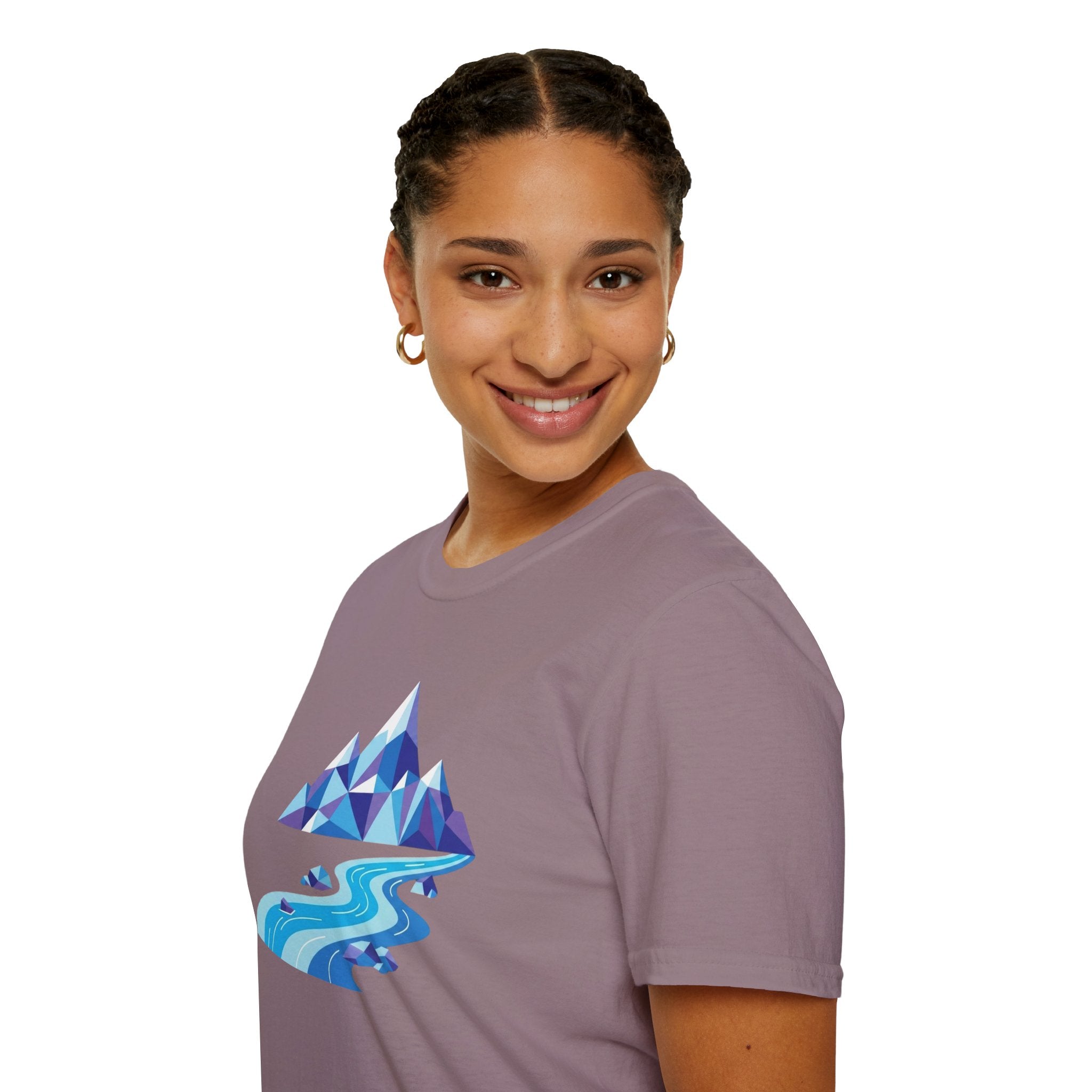 Mountain River T-Shirt — Geometric Blue Peaks & Flowing River