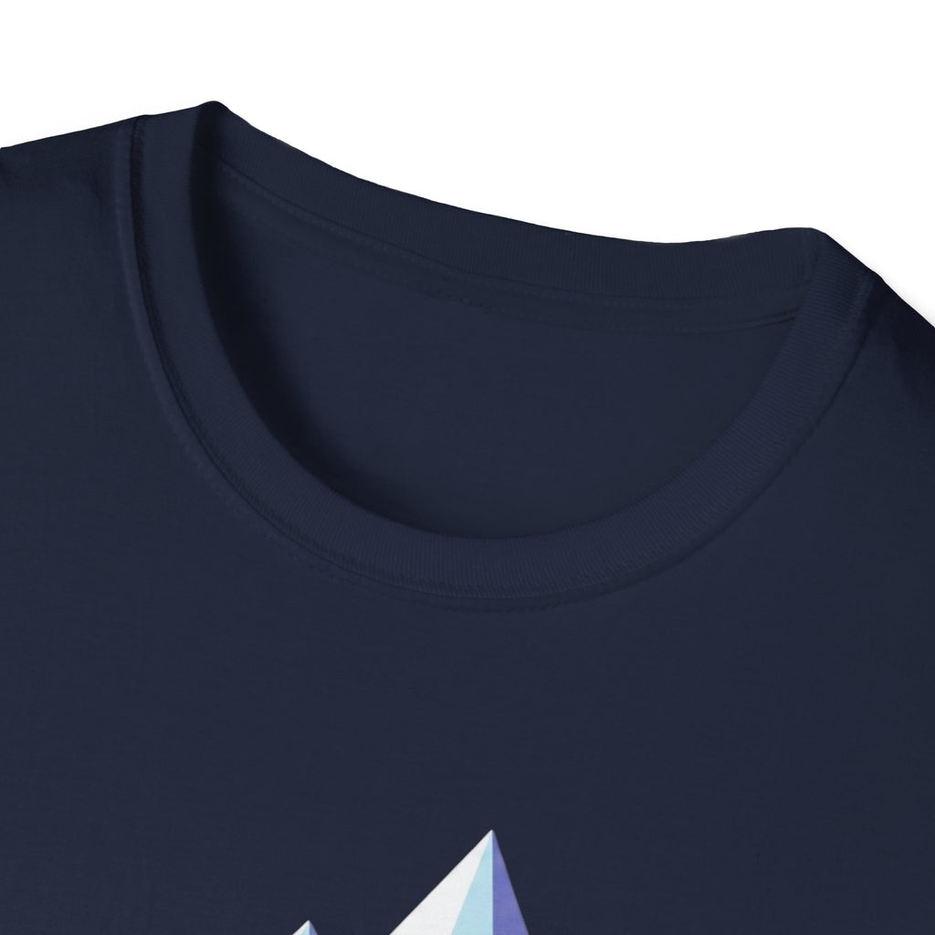 Mountain River T-Shirt — Geometric Blue Peaks & Flowing River