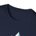 Mountain River T-Shirt — Geometric Blue Peaks & Flowing River