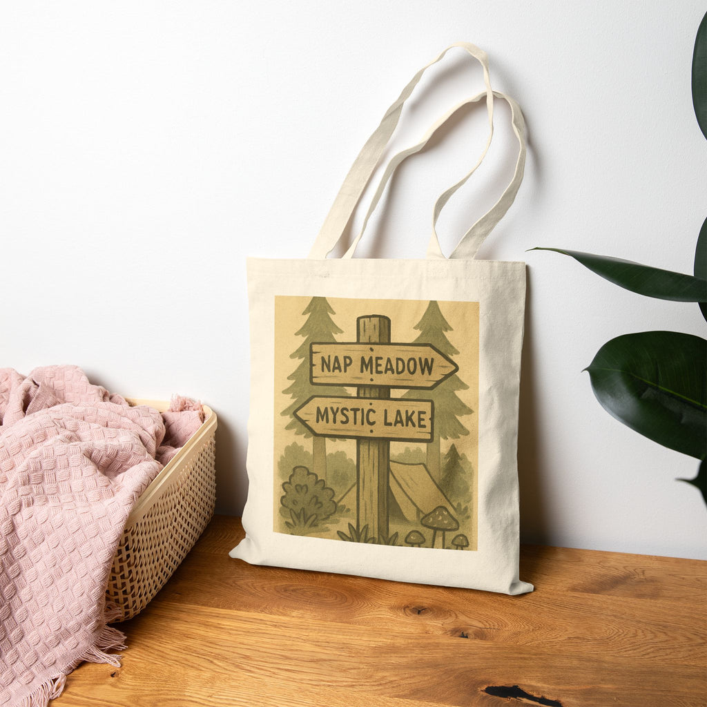 Tote Bag — Rustic ‘Nap Meadow / Mystic Lake’ Camping Sign Canvas Tote