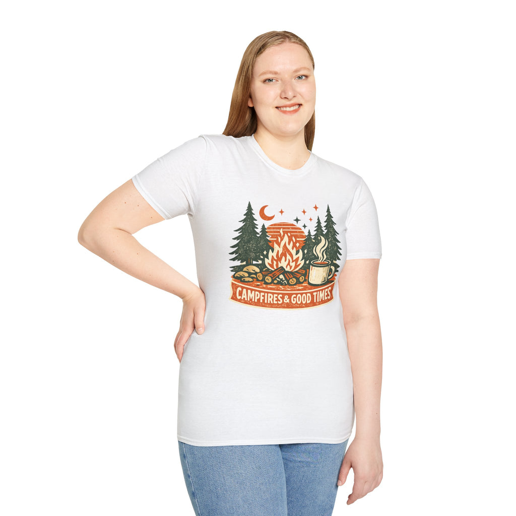 "Campfires & Good Times" T-Shirt — Retro Camping Tee with Bonfire, Trees & Coffee Mug