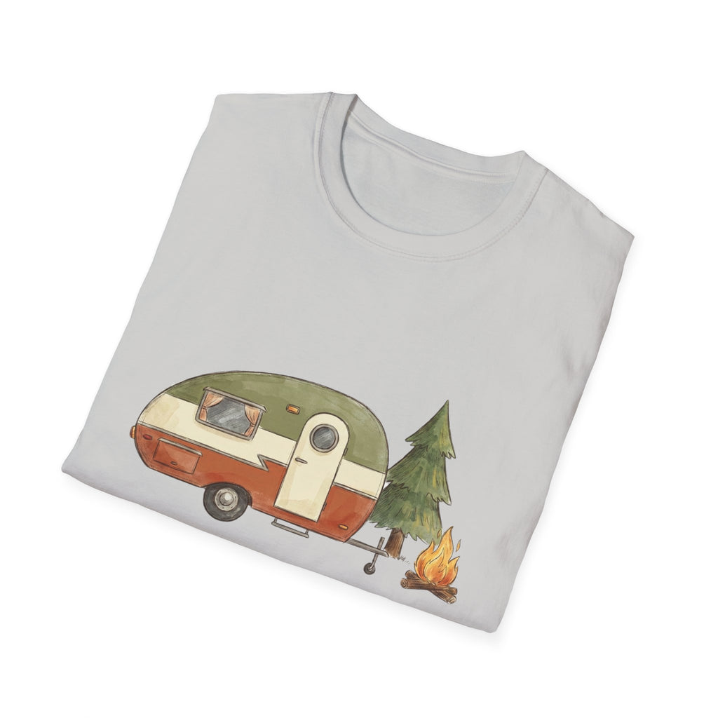 Vintage Camper & Campfire T-Shirt — Retro Trailer Camping Graphic Tee