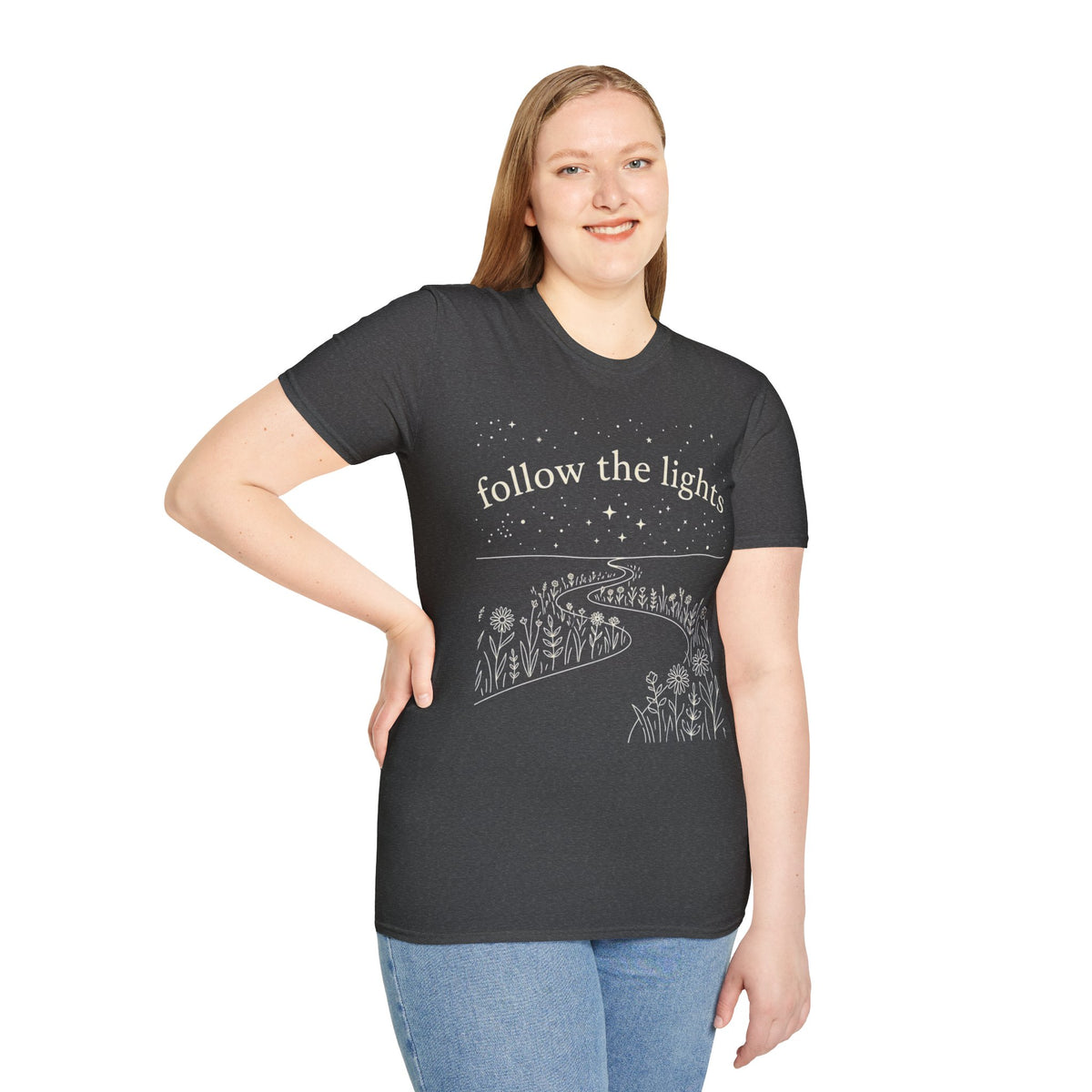 "Follow the Lights" Inspirational Night Sky Floral Path Graphic Tee Shirt