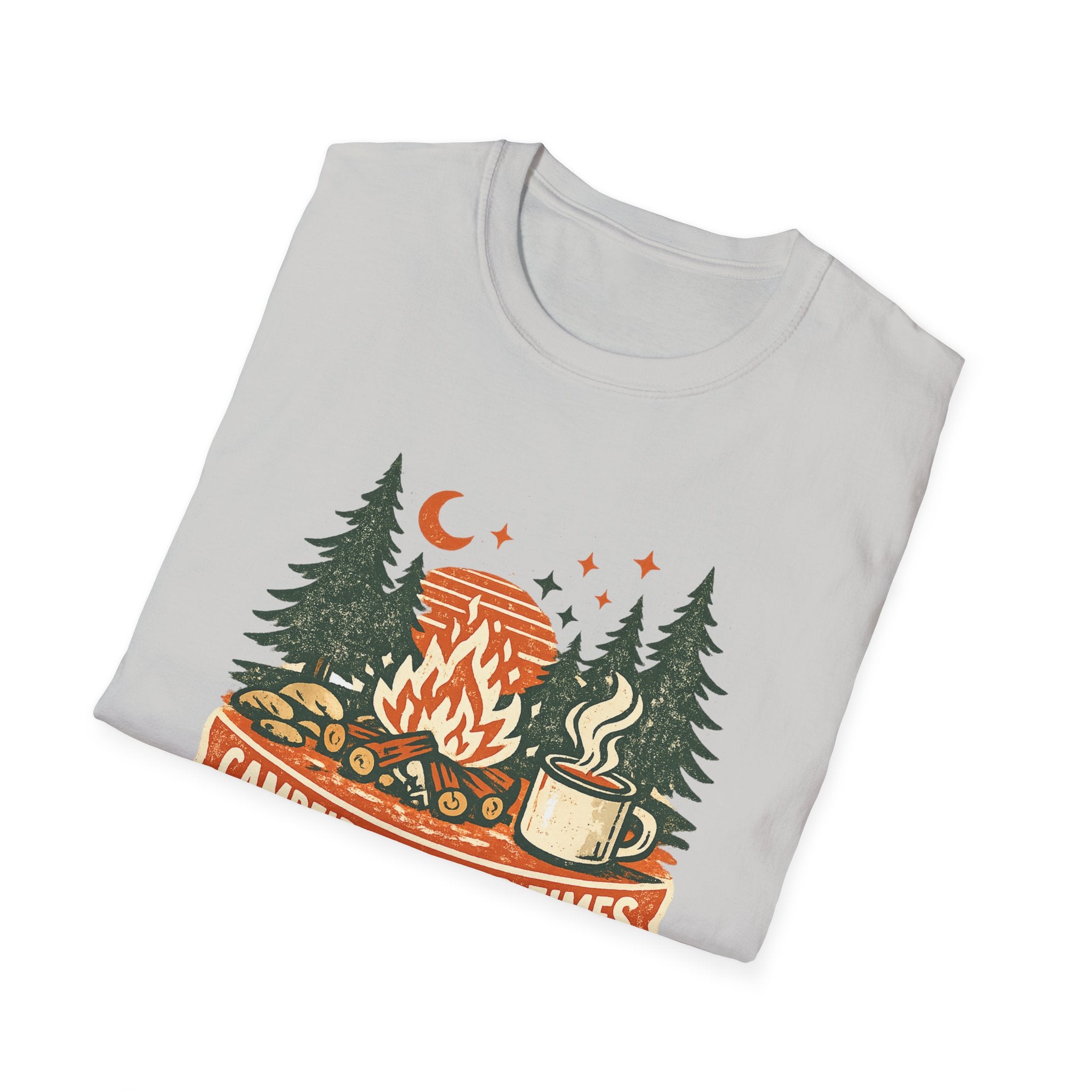 Campfires & Good Times T-Shirt — Retro Camping Tee with Bonfire, Trees & Coffee Mug