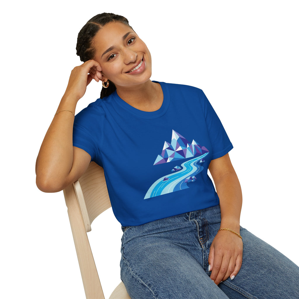 Mountain River T-Shirt — Geometric Blue Peaks & Flowing River
