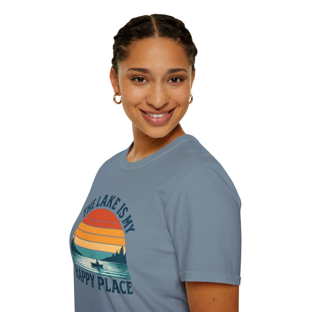 Canoe On The Lake At Sunset "The Lake Is My Happy Place" T-Shirt