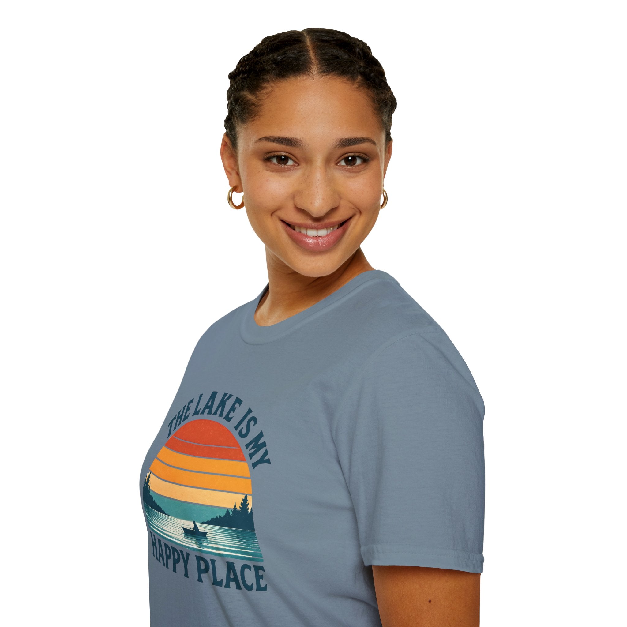 Canoe On The Lake At Sunset "The Lake Is My Happy Place" T-Shirt