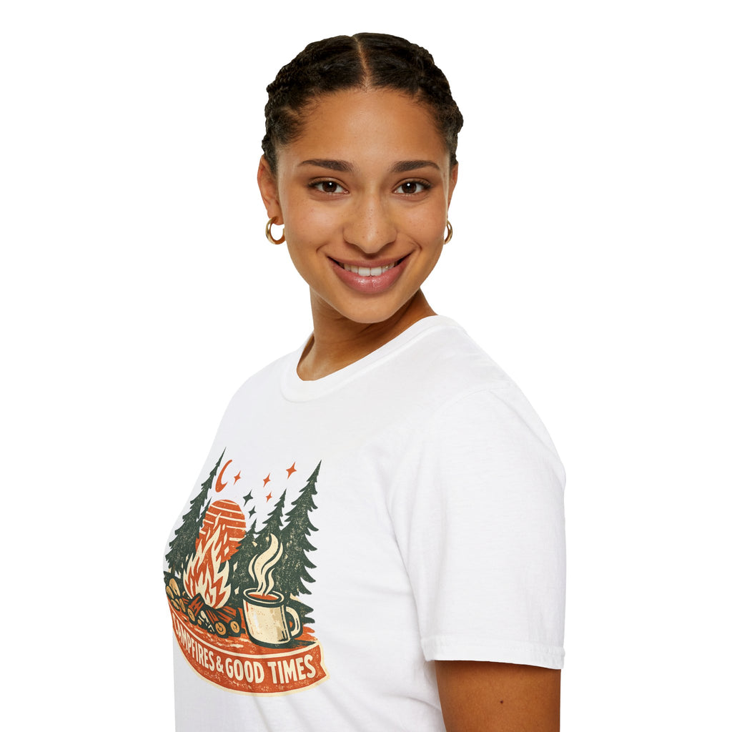 "Campfires & Good Times" T-Shirt — Retro Camping Tee with Bonfire, Trees & Coffee Mug