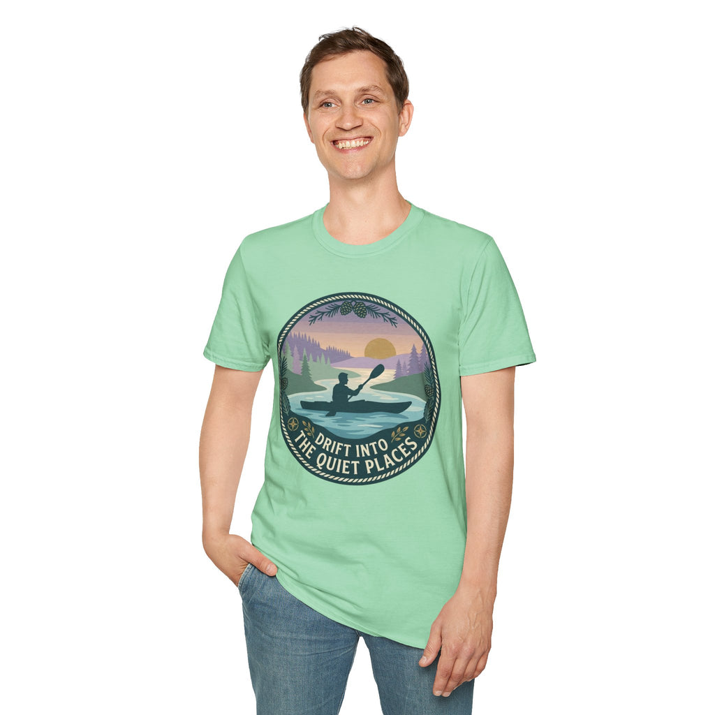 Kayak Sunset T‑Shirt — "Drift Into The Quiet Places" Outdoor Relaxation Tee