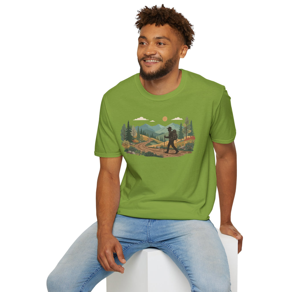Hiker Mountain Sunset T-Shirt — Scenic Trail Adventure Tee