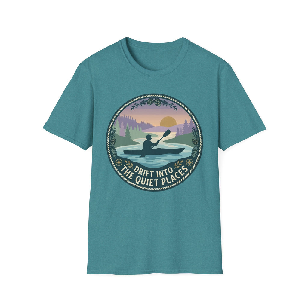 "Drift Into The Quiet Places" Kayak Sunset T‑Shirt — Outdoor Relaxation Tee Shirt